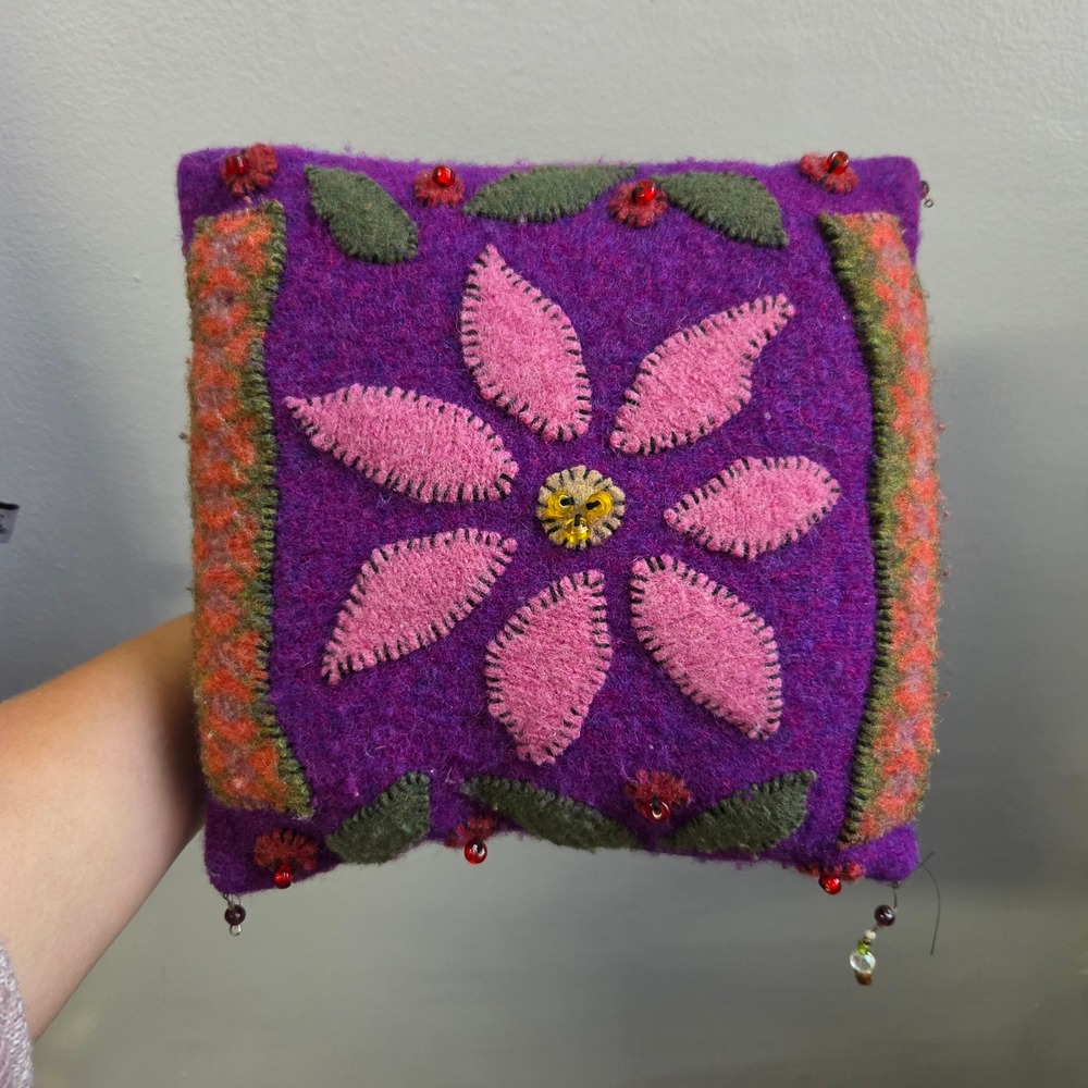 Handmade Purple Wool Felt Floral Pillow Velvet Hippie 9 Inch